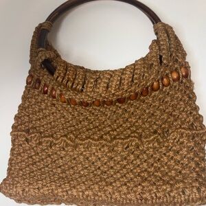 Vintage brown woven macramé bag with circle handles large wooden beads